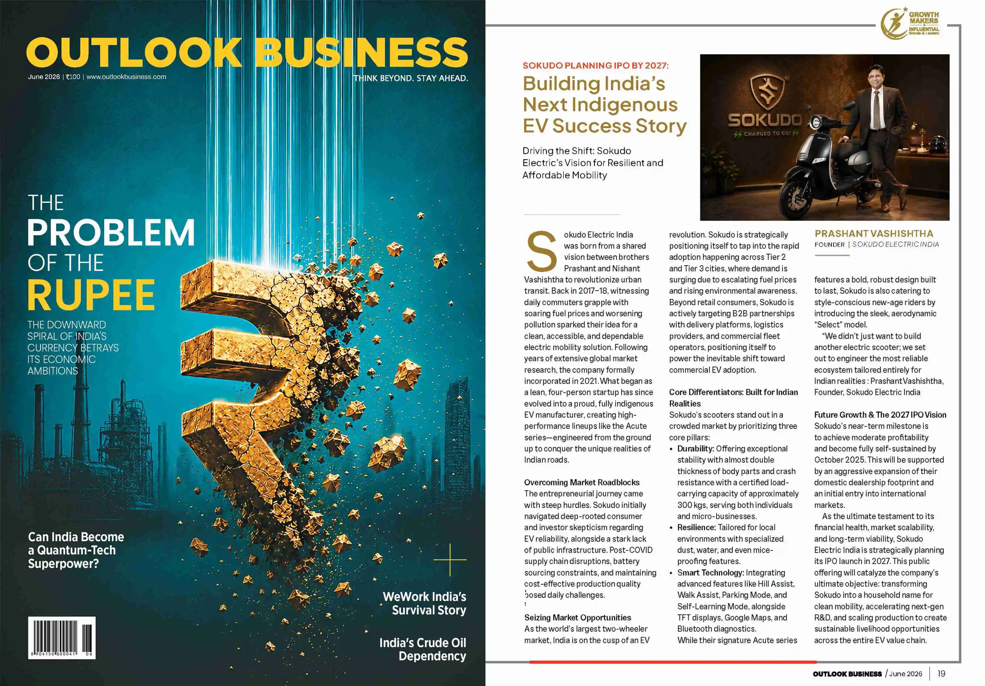 Outlook magazine feature on Sokudo Electric India, covering the brand's electric two-wheeler journey and growth in the Indian EV market.