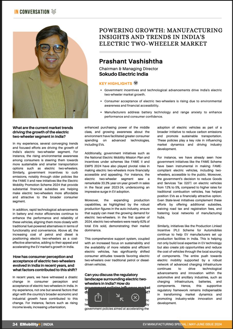 Prashant Vashishtha, Chairman and Managing Director of Sokudo Electric India, discussing manufacturing insights and trends in India's electric two-wheeler market.