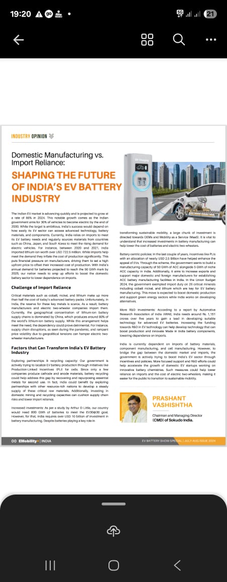 EV Manufacturing India magazine article by Prashant Vashishtha, Chairman and Managing Director of Sokudo Electric India, discussing domestic EV battery manufacturing and reducing India's dependence on imported batteries.