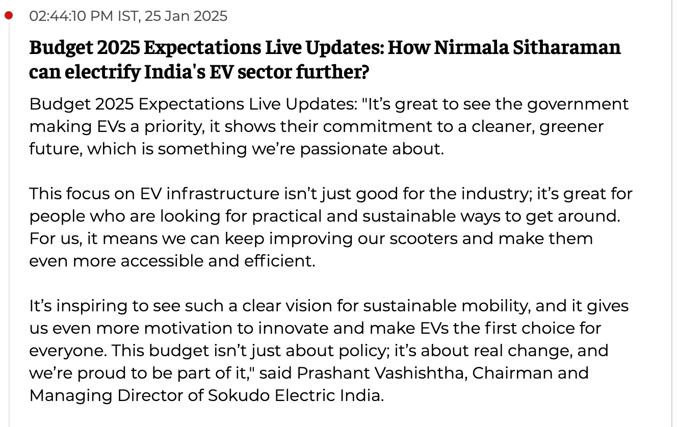 Budget 2025 expectations news article quoting Prashant Vashishtha, Chairman and Managing Director of Sokudo Electric India, on EV sector growth.