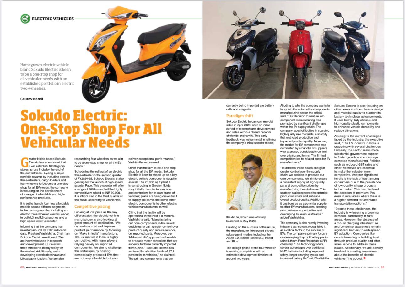 Motoring Trends magazine feature on Sokudo Electric India showcasing its electric scooter range, manufacturing vision, dealership expansion, and contribution to India's electric mobility sector.